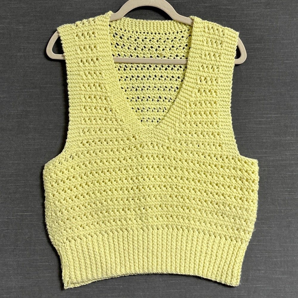 Handknit Sweater Vest S Yellow V Neck Crochet Knit Sleeveless Ribbed Artisanal